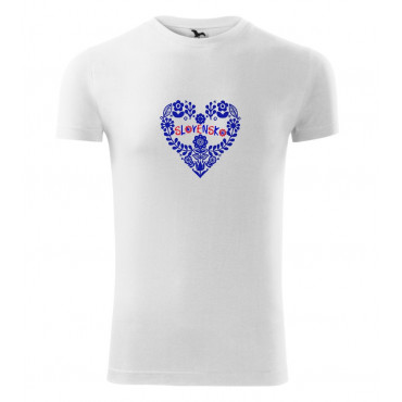 Pánské folklórní tričko bílé krátký rukáv s výšivkou modré srdce+Slovensko