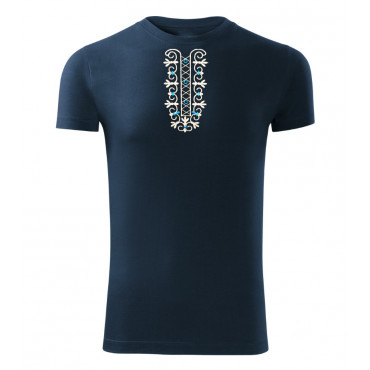 Pánské folklórní tričko tmavě modré krátký rukáv s výšivkou knoflíky