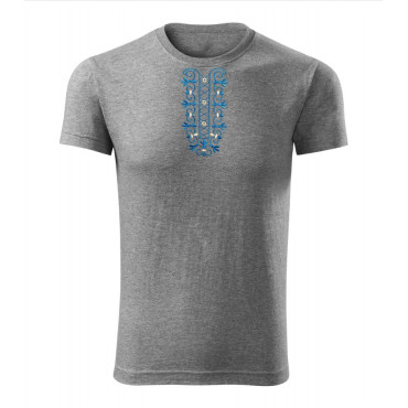 Pánské folklórní tričko šedé krátký rukáv s výšivkou knoflíky