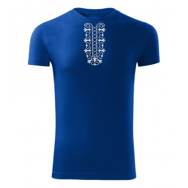 Pánské folklórní tričko modré krátký rukáv s výšivkou knoflíky