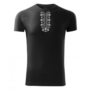 Pánské folklórní tričko černé krátký rukáv s výšivkou knoflíky