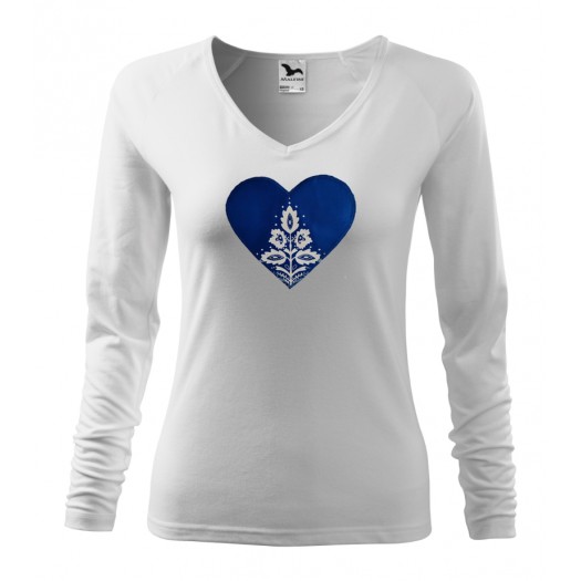 Folklórní triko dlouhý rukáv s nášivkou královsky modré srdce nový vzor