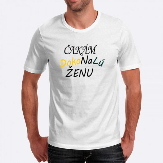 Pánské humorné tričko s výšivkou: Čekám dokonalou ženu