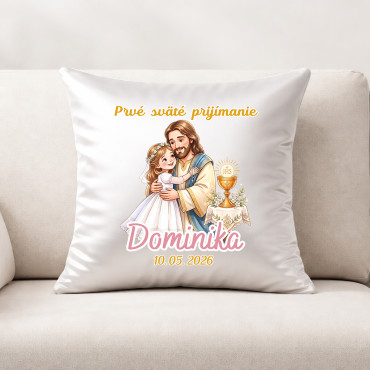 Polštář s potiskem k Prvnímu svatému přijímání se jménem a datem