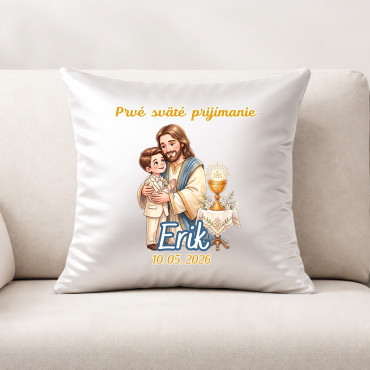 Polštář s potiskem k Prvnímu svatému přijímání se jménem a datem